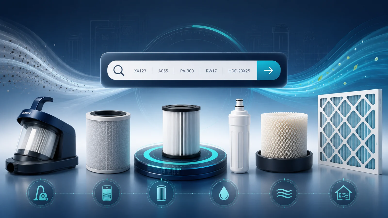 FilterFound model-number search across vacuum, purifier, water, humidifier, and HVAC filters